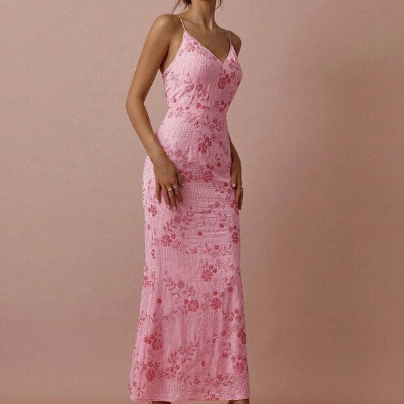 Pink Elegant Womens Romantic V-Neck Suspender Maxi Dress - Picture 6 of 7
